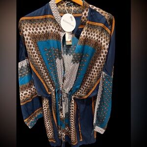 Boohoo NWT Teal, Navy & Gold-Trim Paisley Shirt Kimono Dress